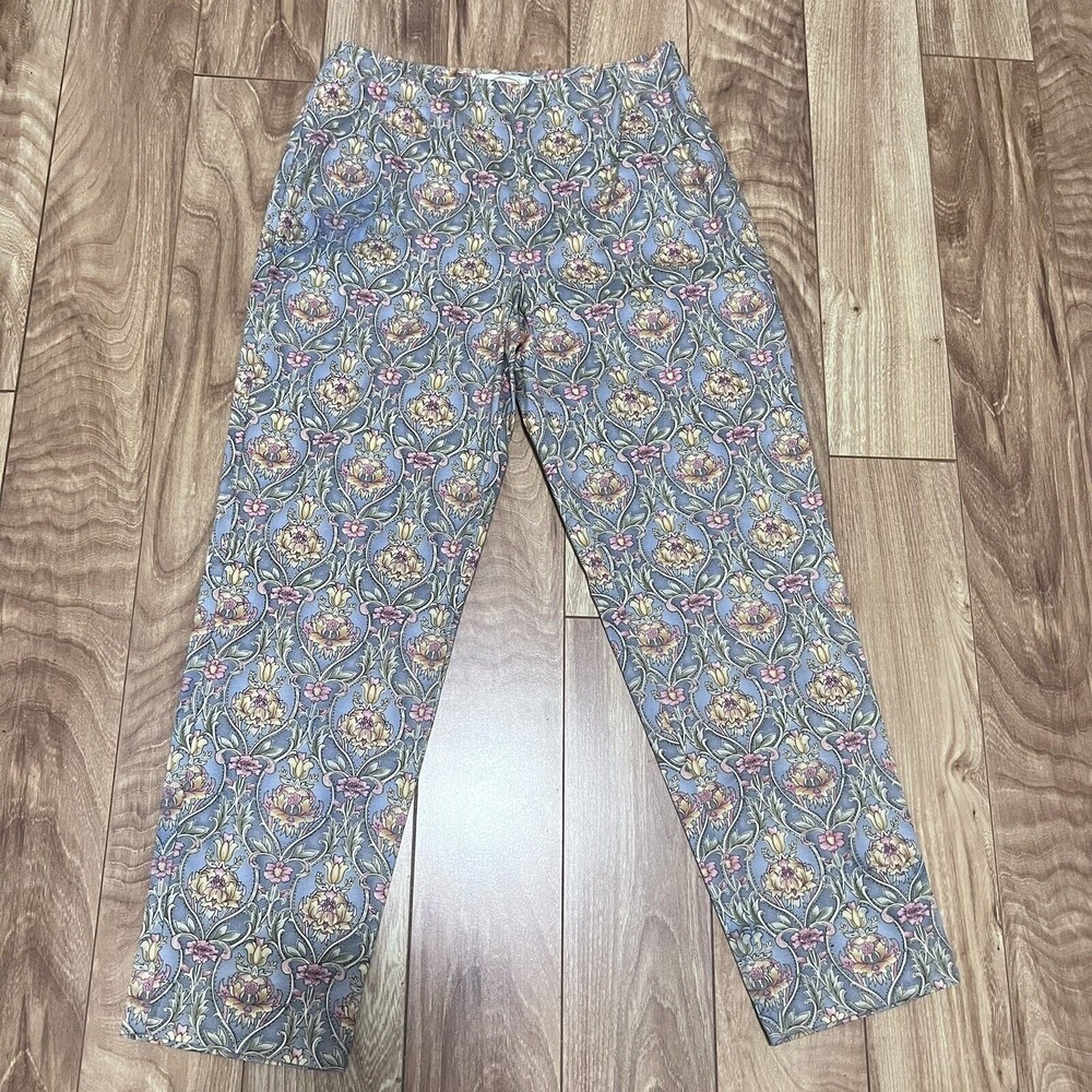 Talbots Petite Gray Floral Pants Trousers Size 8 Green Vines Printed Cropped